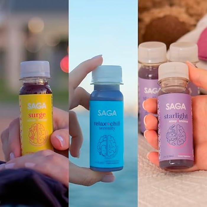 SAGA Functional Shot Variety Pack | Organic Nootropic Drink with Mushrooms, Yerba Mate, CoQ10, Kava, & Valerian Root, Alpha GPC, Melatonin | Energy, Relaxation, Sleep | 2oz Plant-Based Shots (6-Pack) - Image 2