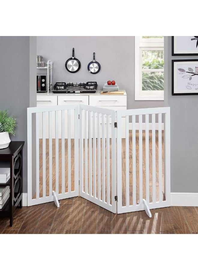 بوابة طويلة قائمة بذاتها للكلاب - سياج خشبي قابل للطي بارتفاع 91 سم مع 3 ألواح وقدمين داعمتين - حاجز درج داخلي، لا يتطلب تجميعًا (أبيض) - Image 3