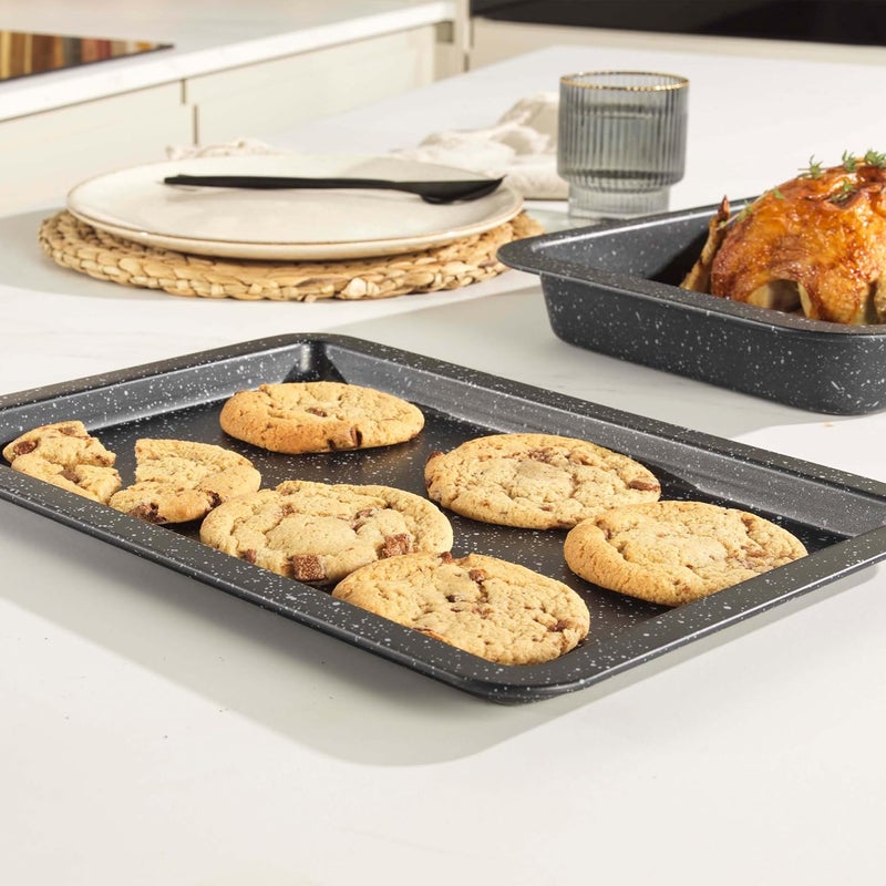 Salter BW07033EU7 37 cm, Baking Tray, Non-Stick Carbon Steel Sheet Oven Tray, Easy Clean Flat Pan For Baking/Roasting, Large Durable Cookie Sheet, Kitchen Bakeware, Megastone Collection, Silver/Black - Image 3