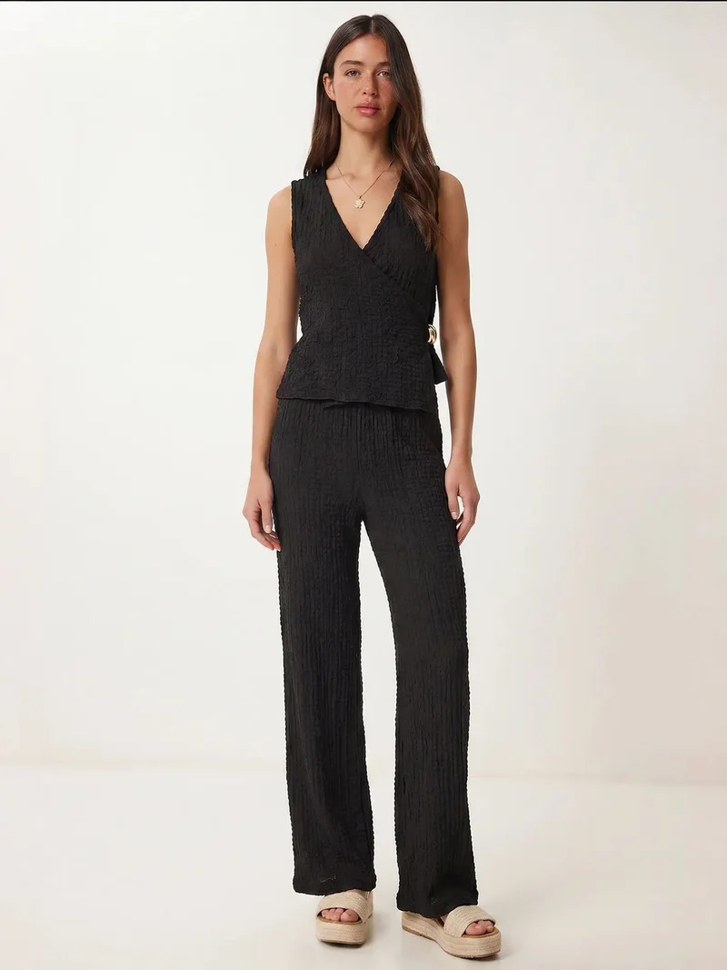Happiness İstanbul ISTANBUL Textured V-Neck High Waist Co-Ord Set with Wide Leg Pants