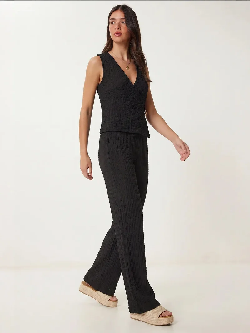 Happiness İstanbul ISTANBUL Textured V-Neck High Waist Co-Ord Set with Wide Leg Pants