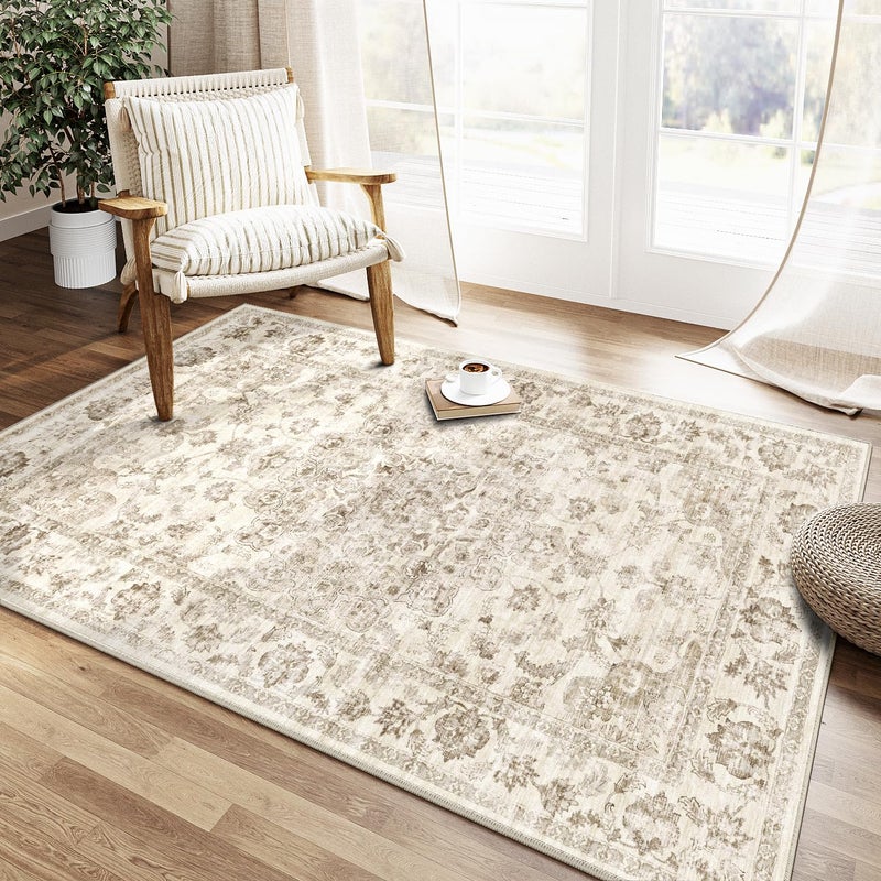 WondRg 4x5 Washable Neutral Area Rug Beige Vintage Entryway Office Carpet Non-Slip Soft Low Pile Floral Indoor Throw Rug for Living Room Bathroom Dining Room - Image 4