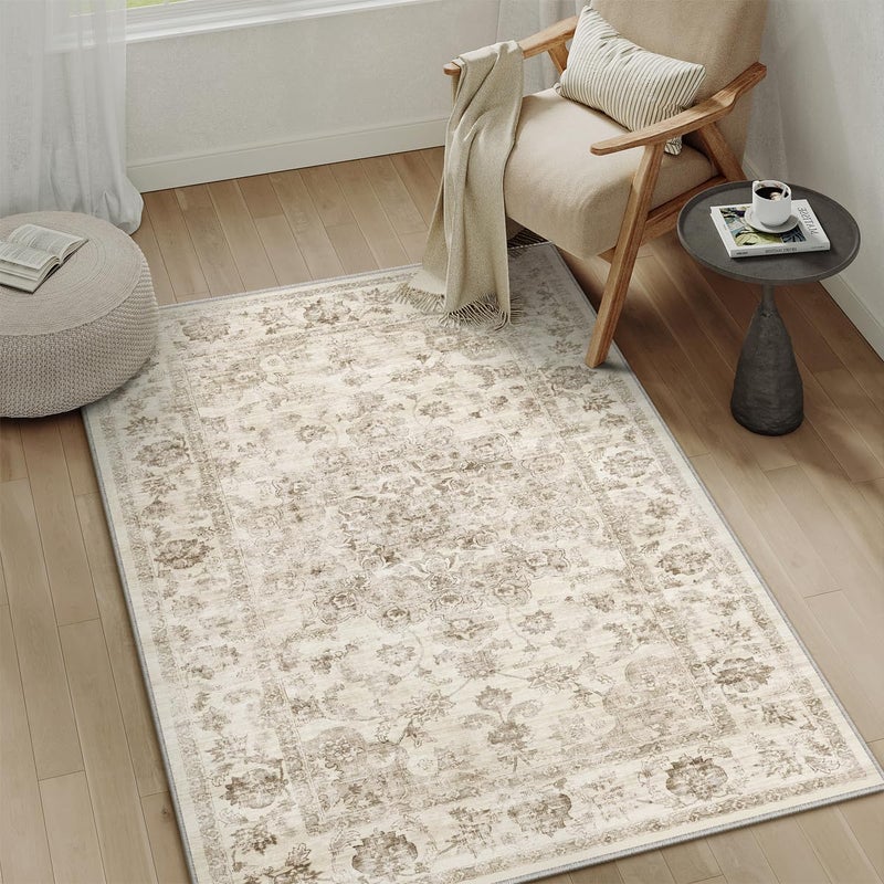 WondRg 4x5 Washable Neutral Area Rug Beige Vintage Entryway Office Carpet Non-Slip Soft Low Pile Floral Indoor Throw Rug for Living Room Bathroom Dining Room - Image 5