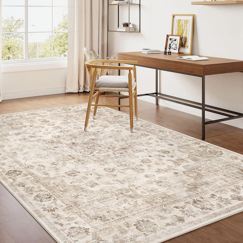 WondRg 4x5 Washable Neutral Area Rug Beige Vintage Entryway Office Carpet Non-Slip Soft Low Pile Floral Indoor Throw Rug for Living Room Bathroom Dining Room - Image 1