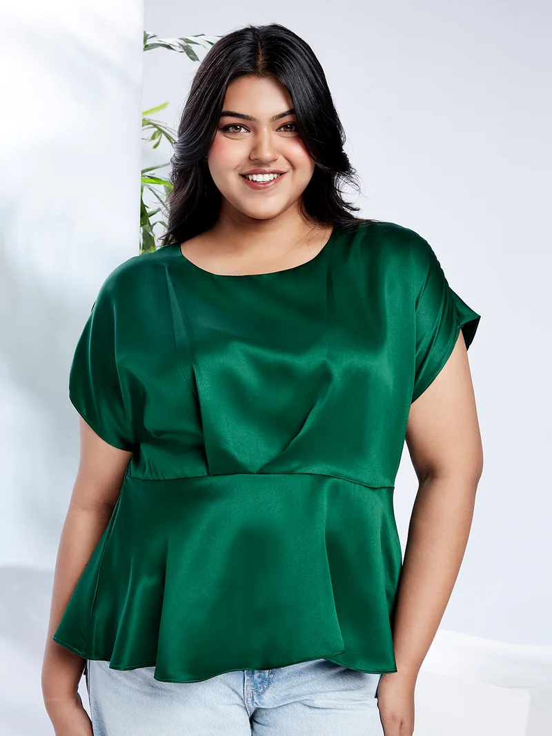 جلو باص بلوزة جلوبلس نسائية مقاس كبير بأكمام ممتدة وياقة مستديرة من الساتان بتصميم بيبلوم للعمل