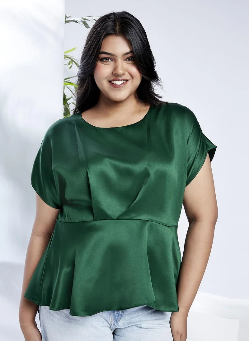 globus Globus Gloplus Women Green Round Neck Extended Sleeves Satin Peplum Plus Size Workwear Top