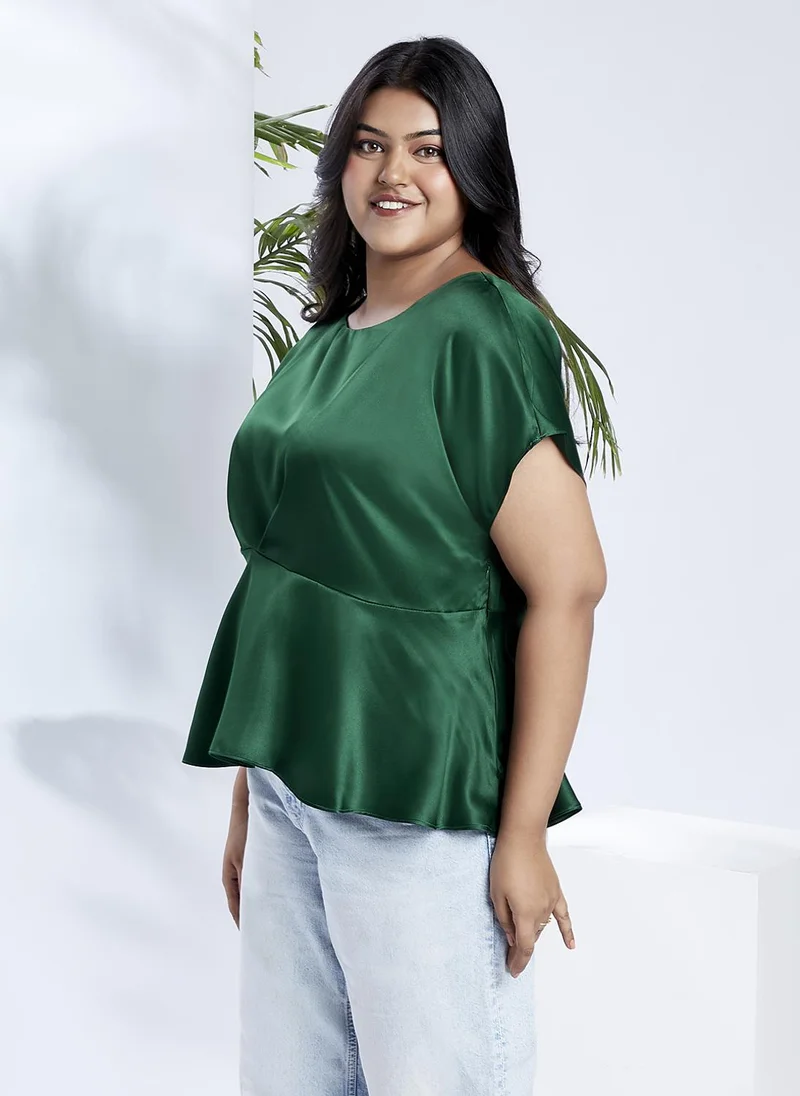 globus Globus Gloplus Women Green Round Neck Extended Sleeves Satin Peplum Plus Size Workwear Top
