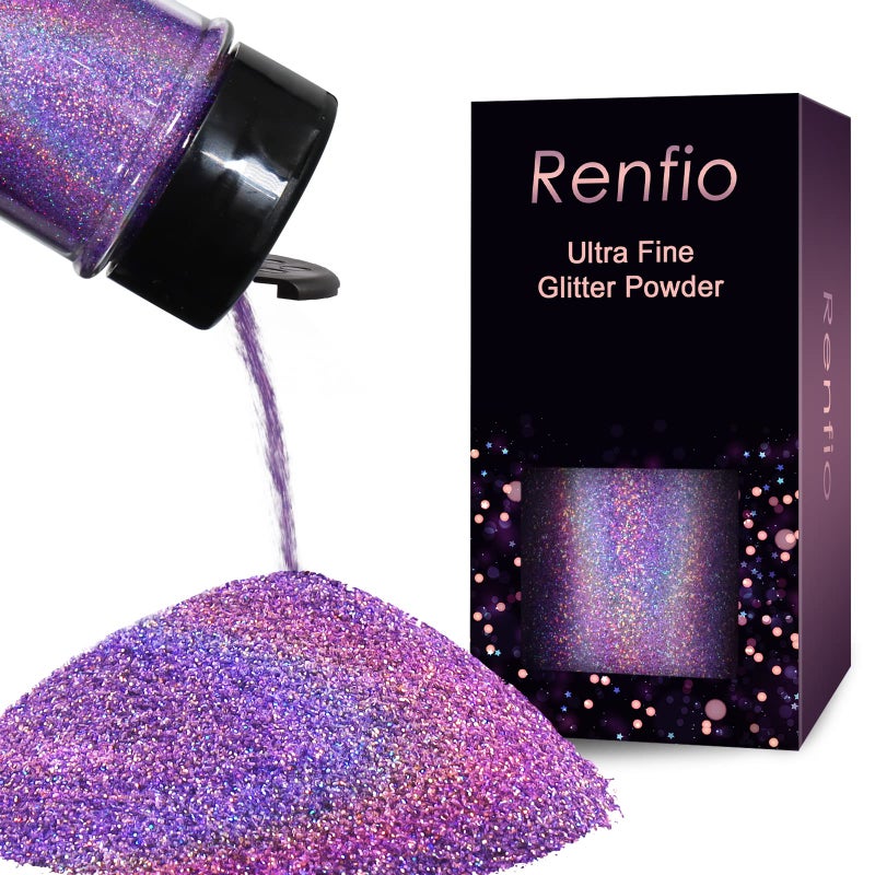 Renfio Holographic Ultra Fine Glitter Powder Metallic Resin Glitter 2.11 Oz (60g) PET Flakes Crafts Sequins 1/128" 0.008" 0.2mm Epoxy Chips Flakes for Tumblers Slime Roses - Laser Light Purple - Image 1