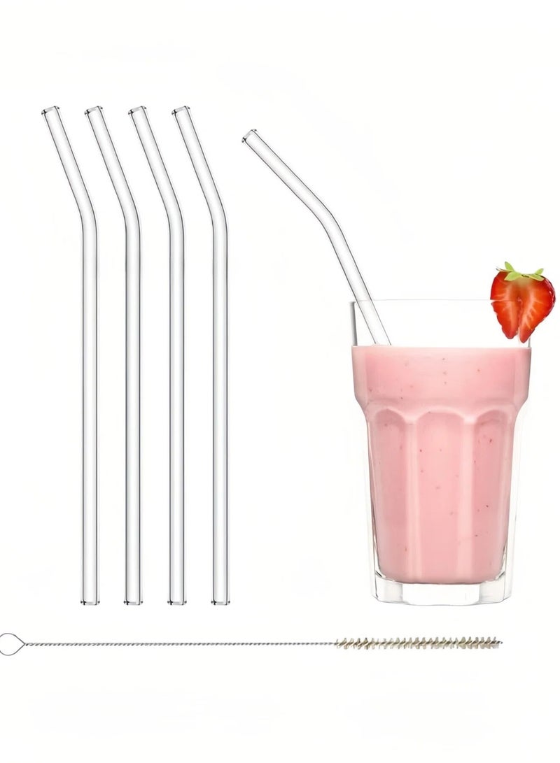 4 Pcs Bent Reusable Glass Straws Set with Cleaning Brush, Food Grade Borosilicate Clear Curved Drinking Straw, Eco Friendly Heat Resistant Straw for Iced Coffee, Juice, Smoothie, Hot & Cold Drinks - Image 1