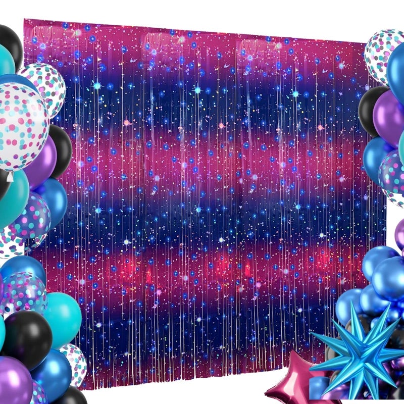 Vagilelf 3 PCS Purple Galaxy Foil Curtains Backdrop for Space Themed Party Decorations, 3.3 x 6.6 ft Pink Tinsel Curtains, Foil Fringe for Photo Booth, Outer Space Birthday or Party - Image 1