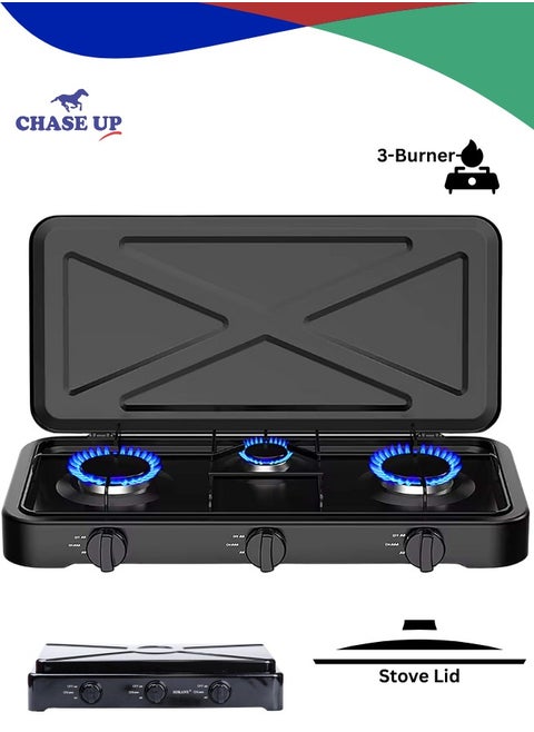 3-Burner Gas Stove with Lid Portable Tabletop Stove with Top Cover, Cast Iron Burners & Sturdy Pot Holders – Ideal for Home, Apartment, Kitchen, Camping & Outdoor Parties