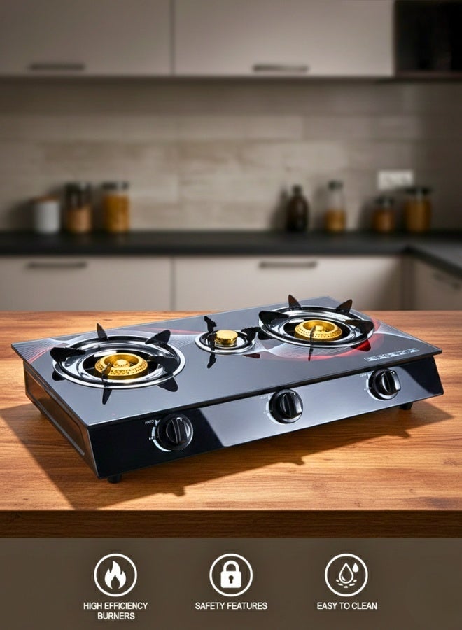 3-Burner Gas Stove Portable Tabletop Stove with Top Cover, Cast Iron Burners & Sturdy Pot Holders – Ideal for Home, Apartment, Kitchen, Camping & Outdoor Parties - Image 1