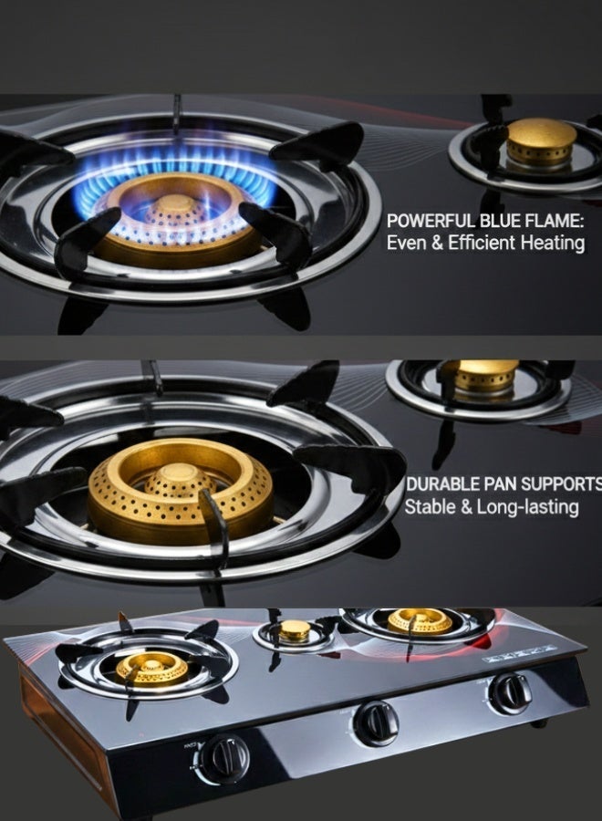3-Burner Gas Stove Portable Tabletop Stove with Top Cover, Cast Iron Burners & Sturdy Pot Holders – Ideal for Home, Apartment, Kitchen, Camping & Outdoor Parties - Image 2