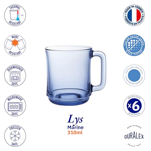 Duralex® France LYS Marine Glass Mugs | 310ml Set of 6 Mugs | 3X Stronger & Durable, Stackable Coffee & Tea Mugs | Microwave & Dishwasher Safe | Giftable Mug Set - Image 3