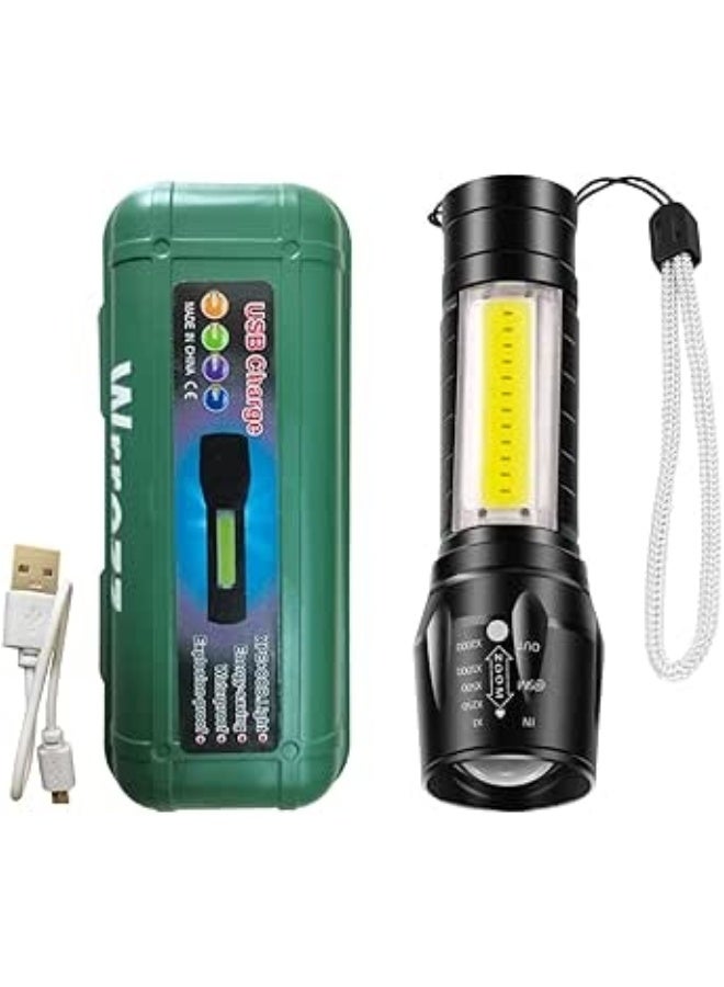 Rechargeable LED Flashlight with High-Intensity COB Light, USB Charging, and Carry Case - Powerful Portable Torch for Camping, Hiking, and Emergencies