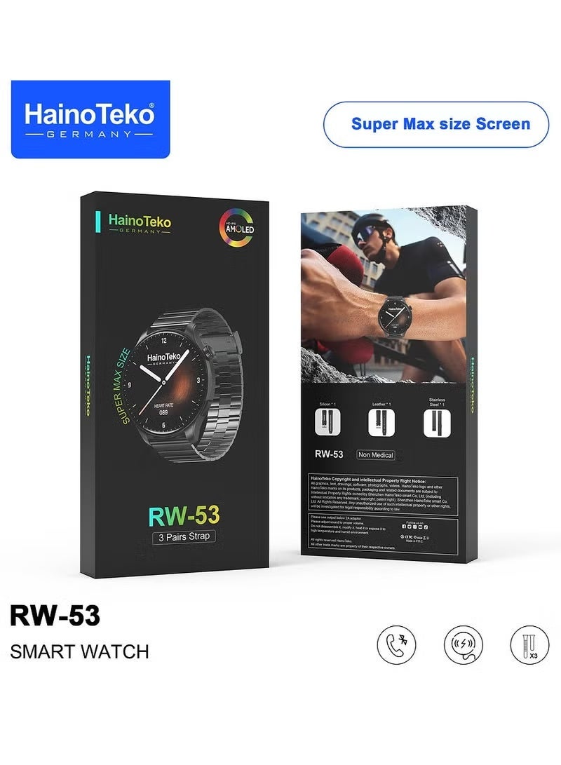 Haino Teko RW53 Smartwatch With Super Max Size AMOLED Display 3 Pair Straps and Charging Cable Designed For Men Silver - Image 1