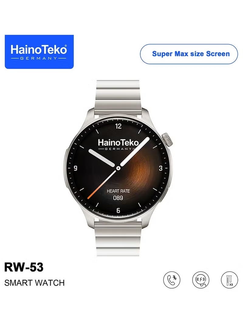 Haino Teko RW53 Smartwatch With Super Max Size AMOLED Display 3 Pair Straps and Charging Cable Designed For Men Silver - Image 3