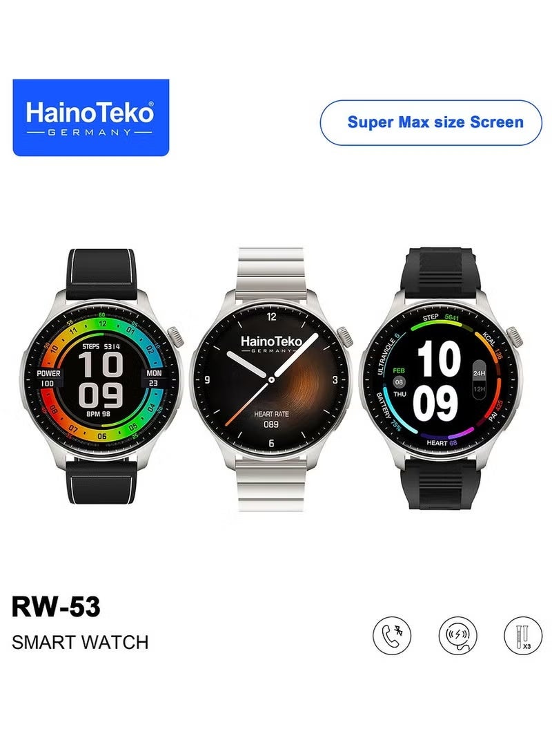 Haino Teko RW53 Smartwatch With Super Max Size AMOLED Display 3 Pair Straps and Charging Cable Designed For Men Silver - Image 4