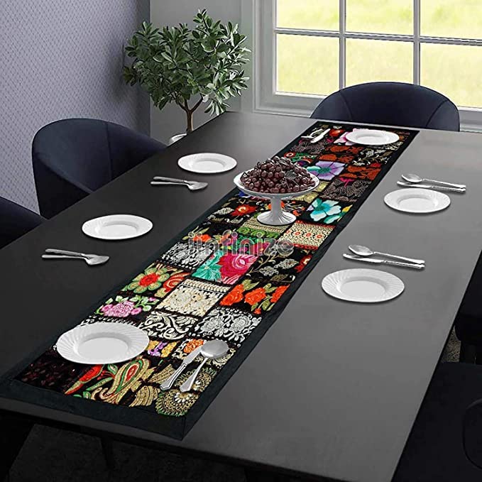 AIVIK Table Runner for 6 Seater Dining Table Cotton Beaded Antique Handmade Rajasthani Patchwork Embroidered Home Decor Eating Areas at Party and Wedding 20 x 72 inches Black - Image 1