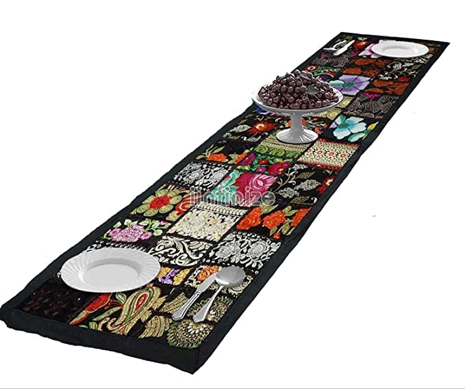 AIVIK Table Runner for 6 Seater Dining Table Cotton Beaded Antique Handmade Rajasthani Patchwork Embroidered Home Decor Eating Areas at Party and Wedding 20 x 72 inches Black - Image 2