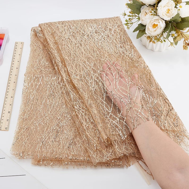 MAYJOYDIY 2Yards Gold Wavy Sequin Fabric 59inch Width Glitter Embroidered Tulle Fabric Polyester Mesh Gilded Lace Fabric for Wedding Reception, Prom, Tables, Party Costume Decoration - Image 3
