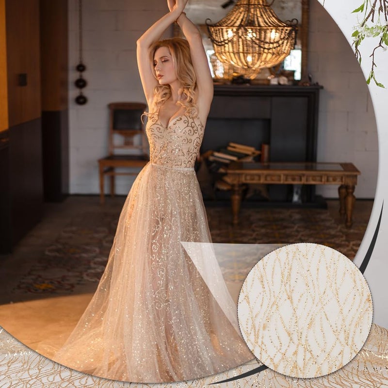 MAYJOYDIY 2Yards Gold Wavy Sequin Fabric 59inch Width Glitter Embroidered Tulle Fabric Polyester Mesh Gilded Lace Fabric for Wedding Reception, Prom, Tables, Party Costume Decoration - Image 5