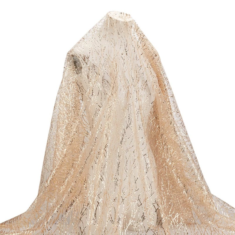 MAYJOYDIY 2Yards Gold Wavy Sequin Fabric 59inch Width Glitter Embroidered Tulle Fabric Polyester Mesh Gilded Lace Fabric for Wedding Reception, Prom, Tables, Party Costume Decoration - Image 1
