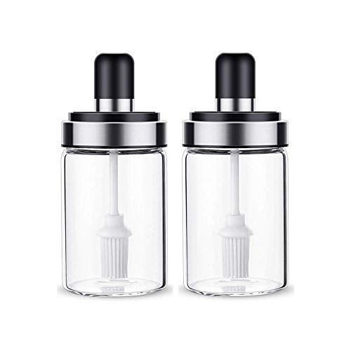 Qebham oil dispenser with brush For Ghee Butter Oil Stoppers Cheese 250ml Borosilicate oil containers glass jar for kitchen 2pcsTransparent