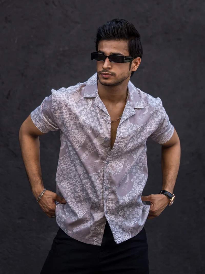 Maniac Maniac Mens All Over Printed Collar Neck Half Sleeve Light Grey Cotton Oversized Shirt