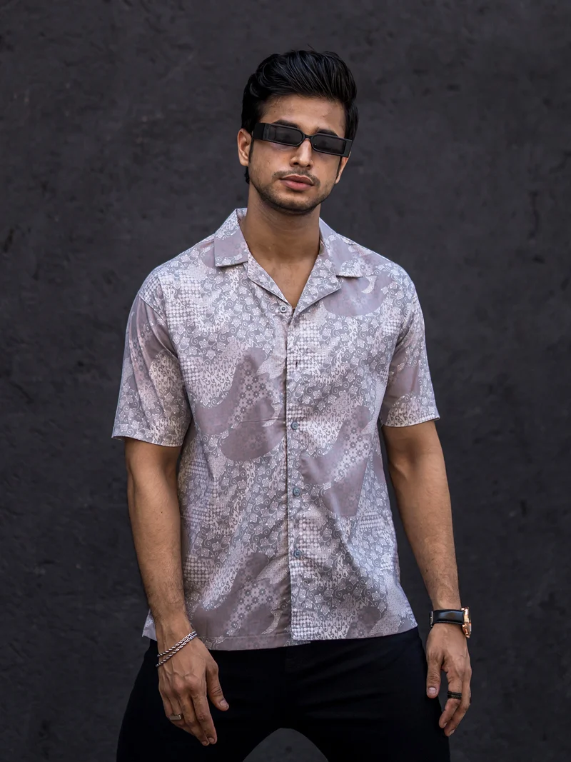 Maniac Maniac Mens All Over Printed Collar Neck Half Sleeve Light Grey Cotton Oversized Shirt
