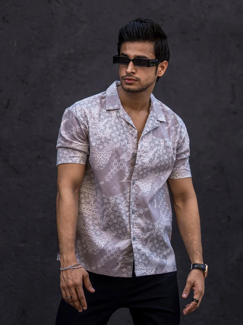 Maniac  Maniac Mens All Over Printed Collar Neck Half Sleeve Light Grey Cotton Oversized Shirt for Men | Best Price UAE
