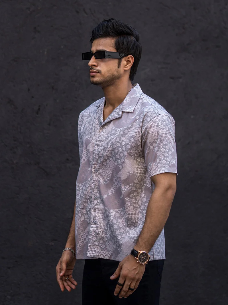 Maniac  Maniac Mens All Over Printed Collar Neck Half Sleeve Light Grey Cotton Oversized Shirt for Men | Best Price UAE