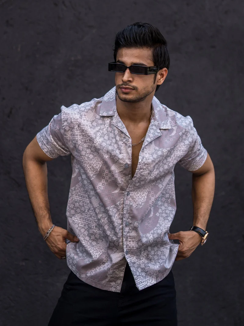 مانياك قميص مانياك رجالي قطن مطبوع بالكامل مقاس كبير رمادي فاتح