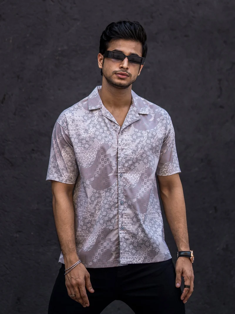 مانياك قميص مانياك رجالي قطن مطبوع بالكامل مقاس كبير رمادي فاتح