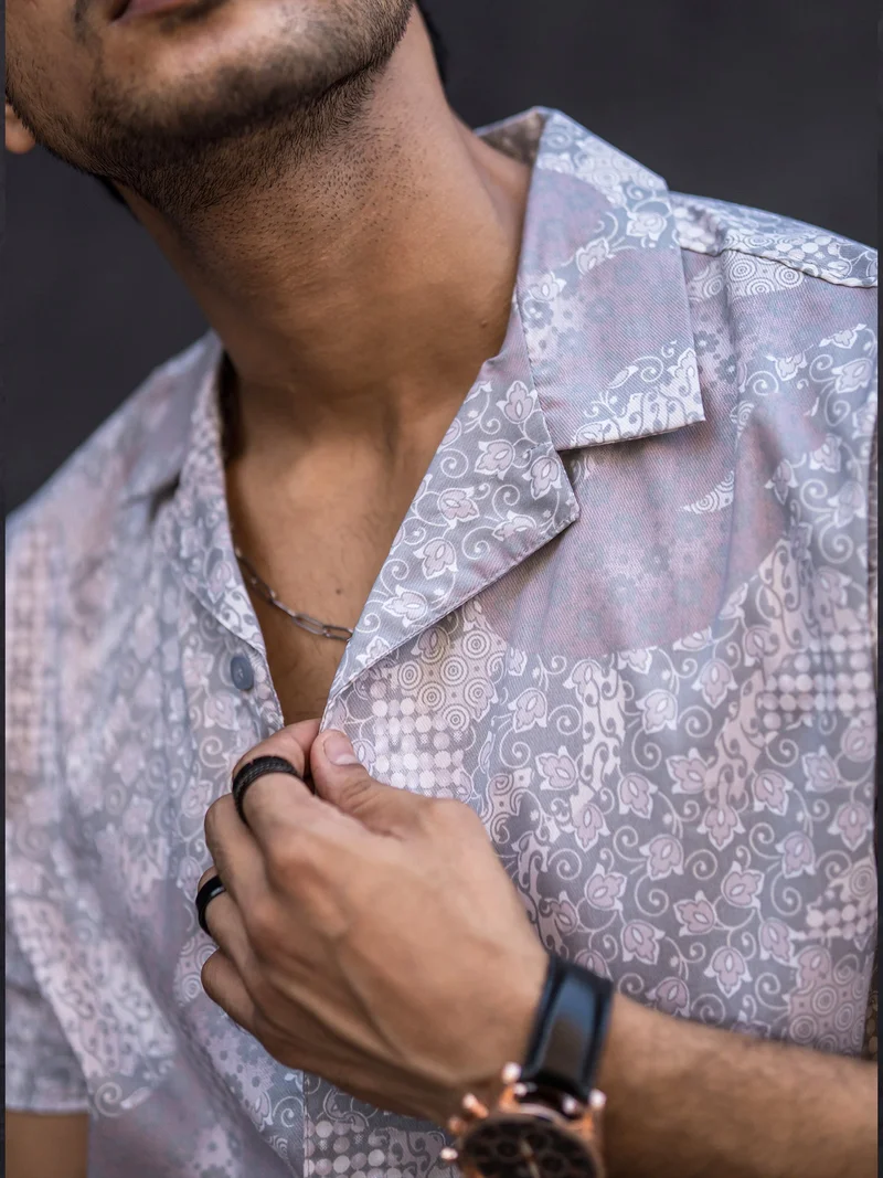 Maniac  Maniac Mens All Over Printed Collar Neck Half Sleeve Light Grey Cotton Oversized Shirt for Men | Best Price UAE