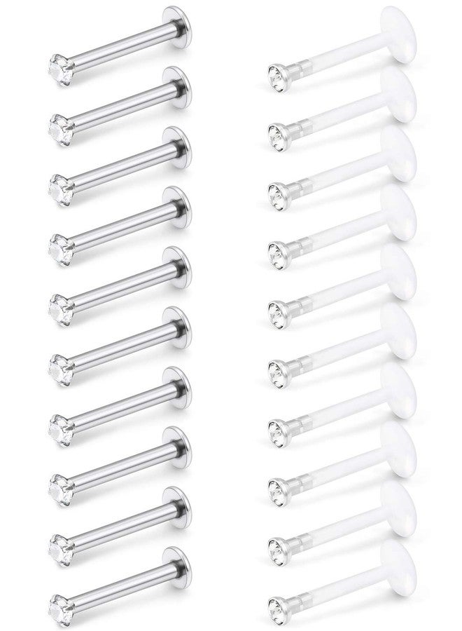 SCERRING 20PCS 16G 8mm Acrylic & Stainless Steel Labret Monroe Lip Ring Tragus Nail Helix Earring Stud Piercing Jewelry with 2mm 4-Prong-Setting Clear CZ - Image 1