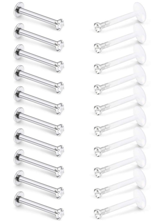SCERRING 20PCS 16G 8mm Acrylic & Stainless Steel Labret Monroe Lip Ring Tragus Nail Helix Earring Stud Piercing Jewelry with 2mm 4-Prong-Setting Clear CZ - Image 3