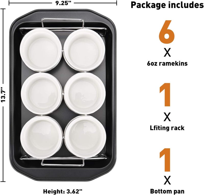 SOLIGT Creme Brulee Making Set - 6 Porcelain Ramekins 6 oz, 304 Stainless Steel Lifting Rack, 9" X 13" Bottom Pan - Image 2