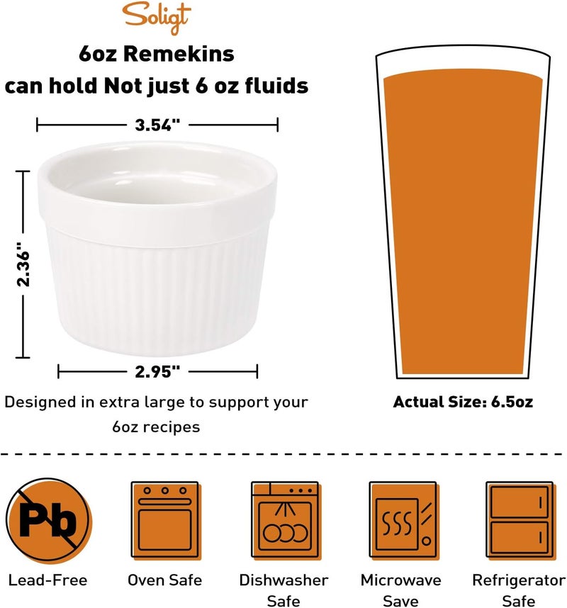 SOLIGT Creme Brulee Making Set - 6 Porcelain Ramekins 6 oz, 304 Stainless Steel Lifting Rack, 9" X 13" Bottom Pan - Image 3