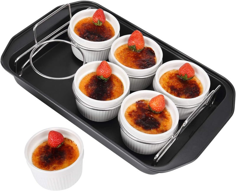SOLIGT Creme Brulee Making Set - 6 Porcelain Ramekins 6 oz, 304 Stainless Steel Lifting Rack, 9" X 13" Bottom Pan - Image 1