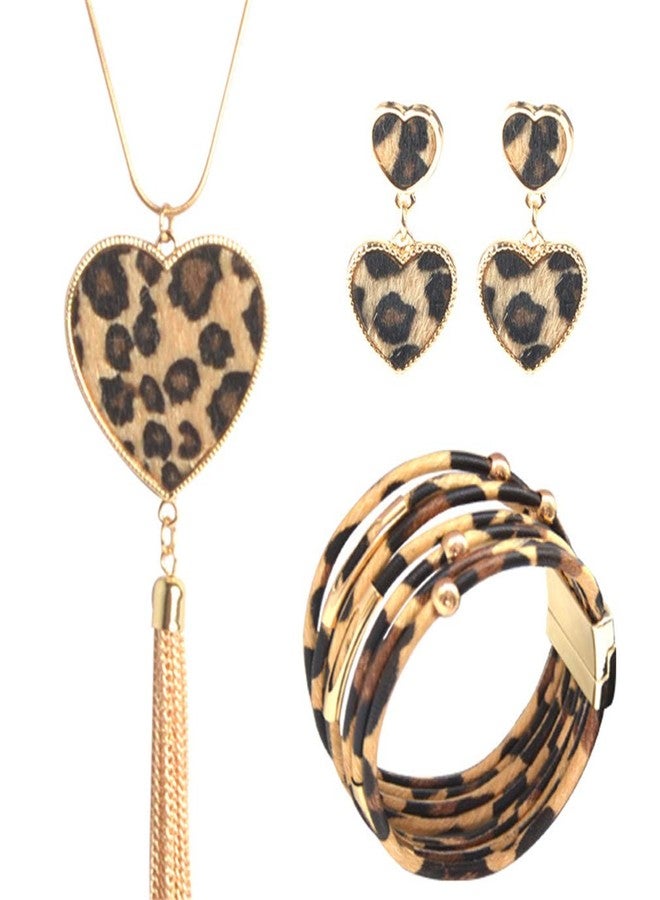 YAZILIND 3 Pieces Leopard Jewelry Set Leopard Leather Bracelet Dangle Earring Necklace for Women Love Heart - Image 1