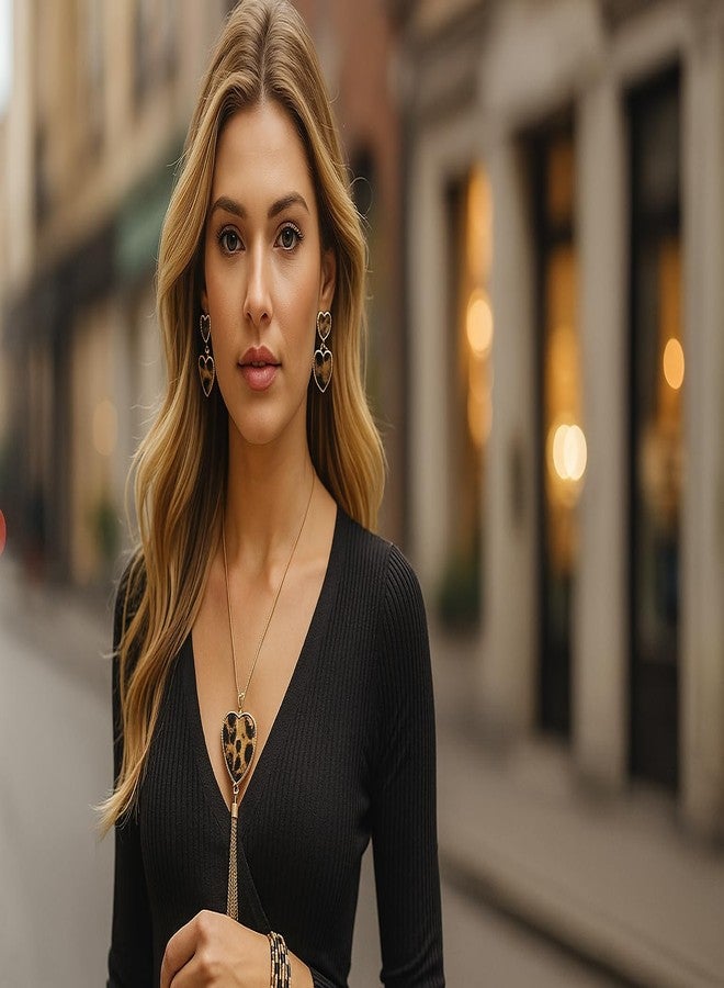 YAZILIND 3 Pieces Leopard Jewelry Set Leopard Leather Bracelet Dangle Earring Necklace for Women Love Heart - Image 4