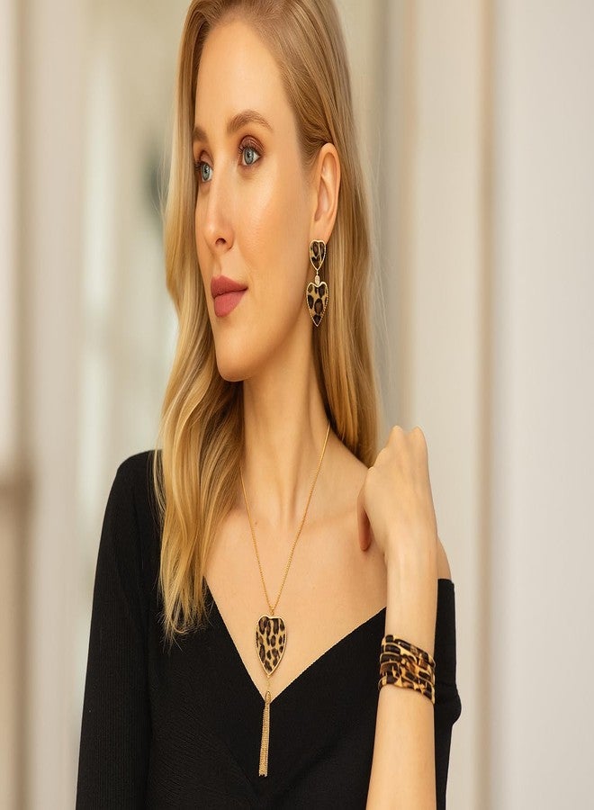 YAZILIND 3 Pieces Leopard Jewelry Set Leopard Leather Bracelet Dangle Earring Necklace for Women Love Heart - Image 3
