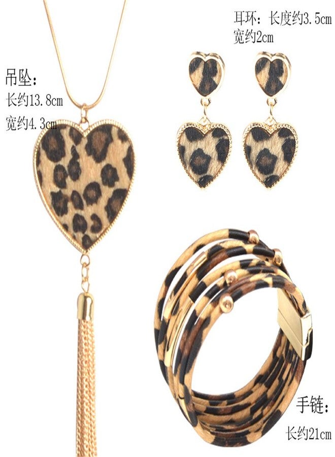 YAZILIND 3 Pieces Leopard Jewelry Set Leopard Leather Bracelet Dangle Earring Necklace for Women Love Heart - Image 2