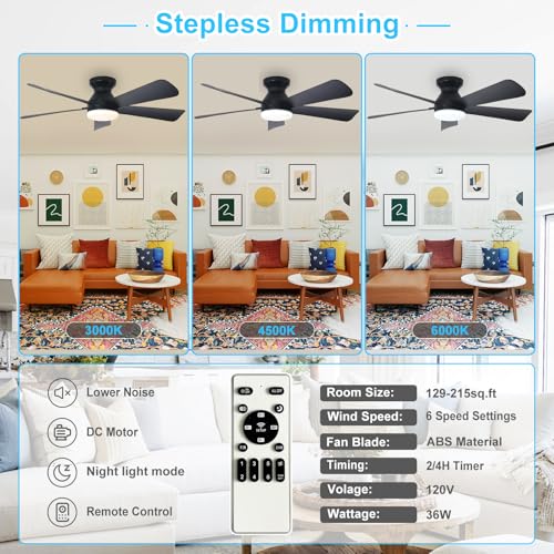 Depuley Modern Ceiling Fan with Light: 42-Inch Black Small Fans for Bedroom Indoor Outdoor - Dimmable Low Profile Ceiling Fans with Remote Control Flush Mount 5 Reversible Black Blades 6 Speeds Timer - Image 4