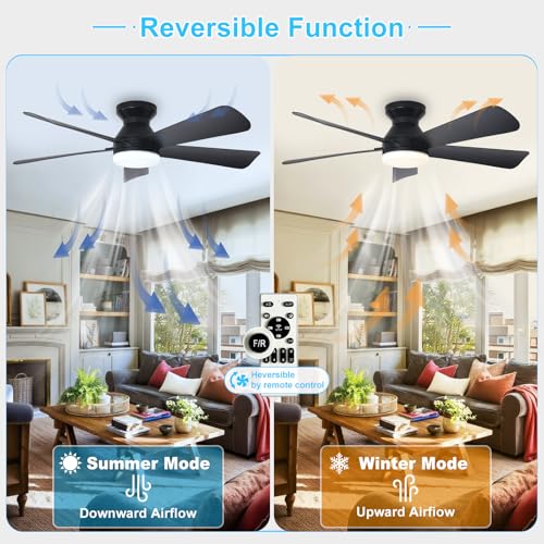 Depuley Modern Ceiling Fan with Light: 42-Inch Black Small Fans for Bedroom Indoor Outdoor - Dimmable Low Profile Ceiling Fans with Remote Control Flush Mount 5 Reversible Black Blades 6 Speeds Timer - Image 3