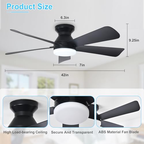 Depuley Modern Ceiling Fan with Light: 42-Inch Black Small Fans for Bedroom Indoor Outdoor - Dimmable Low Profile Ceiling Fans with Remote Control Flush Mount 5 Reversible Black Blades 6 Speeds Timer - Image 2