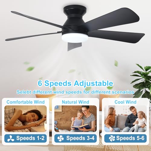 Depuley Modern Ceiling Fan with Light: 42-Inch Black Small Fans for Bedroom Indoor Outdoor - Dimmable Low Profile Ceiling Fans with Remote Control Flush Mount 5 Reversible Black Blades 6 Speeds Timer - Image 5