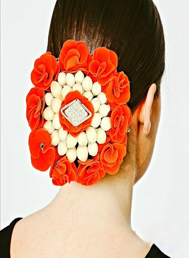 DIAN Orange & White Full Bun Juda Maker Flower Gajra Hair Accessories, Artificial Juda Hair Accessories, Gajra Hair Accessories Rubber Band for Women and Girls, Flower Work Juda - Image 2