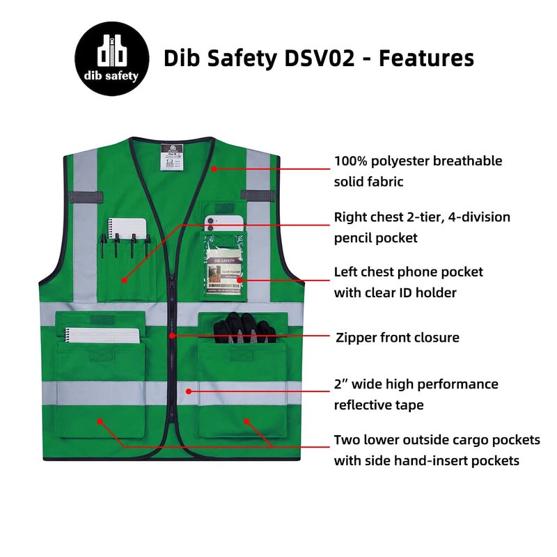 Dib Safety Reflective Vest High Visibility with Pockets and Zipper, Green XL - Image 5